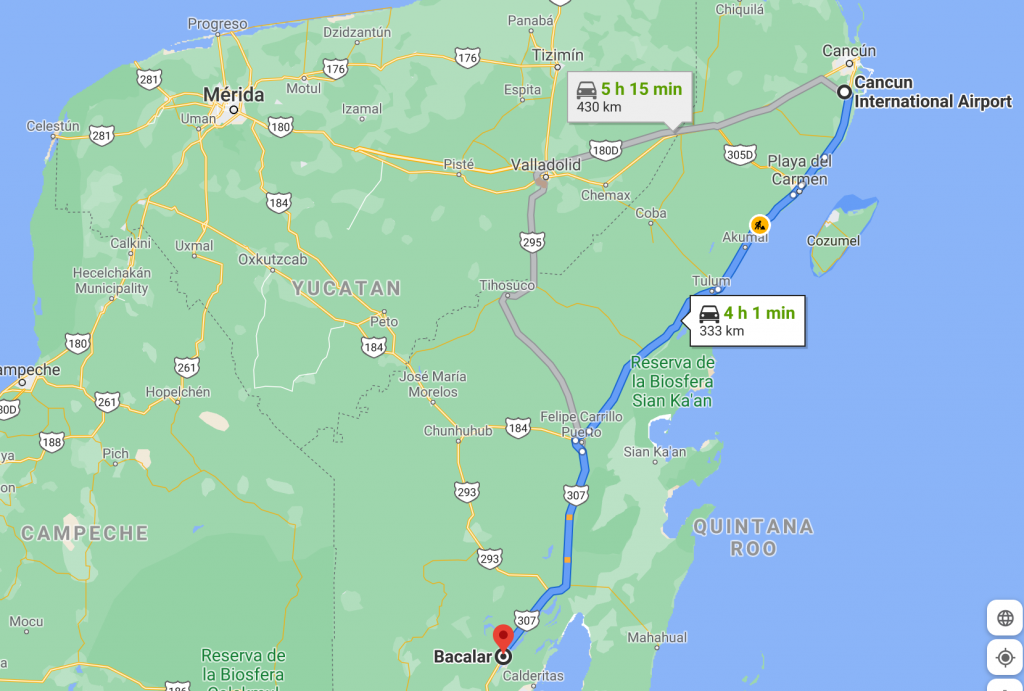 map of cancun to bacalar