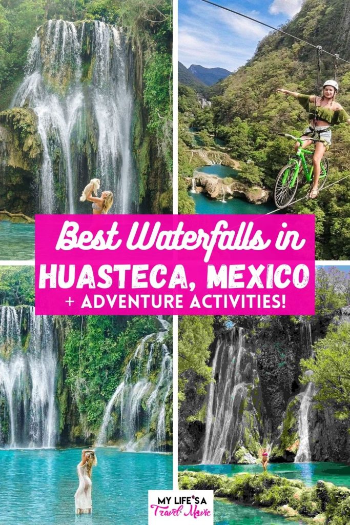 Hidden gem alert! There's a place called Huasteca in Mexico that is a waterfall heaven! Surrounded by lush jungle and tranquil atmospheres, you can visit five or more waterfalls in Huasteca, plus do tons of adrenaline pumping adventures like ziplining, rappelling, rafting, and even riding a bike on a zipline! Save this post if you plan on visiting Mexico in the future, and want to go somewhere off the touristy beaten path!       #mexico #huasteca #waterfalls