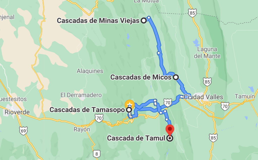 map of the best waterfalls in huasteca