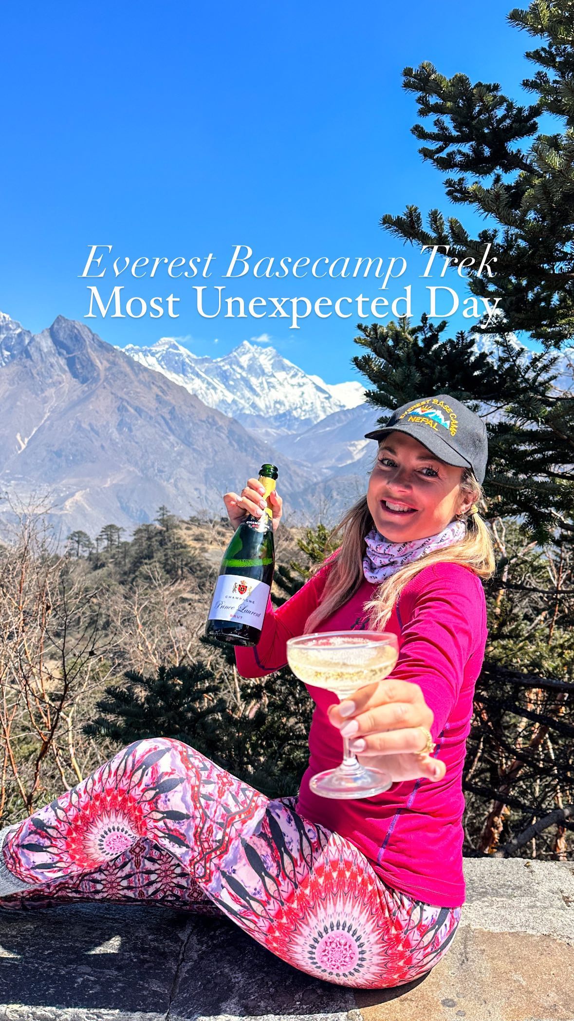 The most unexpected day of my Everest Basecamp Trek wasn’t the snow storm, or the final trek to Basecamp…it was when we did an acclimization day (where you hike super high then go back down to adjust to the altitude) to a fancy hotel that’s one of the highest in the world…and popped a bottle of champagne. 😁🥂🍾

Quick disclaimer first: we were told that you’re technically not supposed to drink at high altitudes on the way up, but since it was an acclimization day and we were going back down/sleeping at a lower altitude, our guides let it slide.

And it was freaking FABULOUS. Especially since we were slightly bitter seeing all the clean, nicely dressed people who had just taken a 5 minute helicopter up having champagne…

The best part though was it was an absolutely perfect weather day! It’s extremely rare to see the peak of Mt. Everest as there’s usually a cloud there since it’s so high, but there was nothing blocking it this day!

And fun fact: I used one of my own photos of the Everest summit from this spot as the outline of my tattoo that I got after the trek!

You can also stay at this hotel for $200/person/night, which we were really excited to do…except we happened to be there during a power outage, which would have defeated the point of staying their for their heated rooms..

Anyway, this was day 3 of 12 of my trek, and it put us all in high spirits (literally), especially considering what was yet to come.

Oh! And another fun fact! There are bars, and alcohol sold in every teahouse all the way up to basecamp (where the second highest hotel in the world is but it’s more like hellish)! It was slightly strange to see, but we definitely started having beers on the way down!

Did you expect to see this on the Everest Basecamp trek??

#ebc #everestbasecamp #ebctrek #mylifesatravelmovie #womenwhohike #nepal #bucketlist