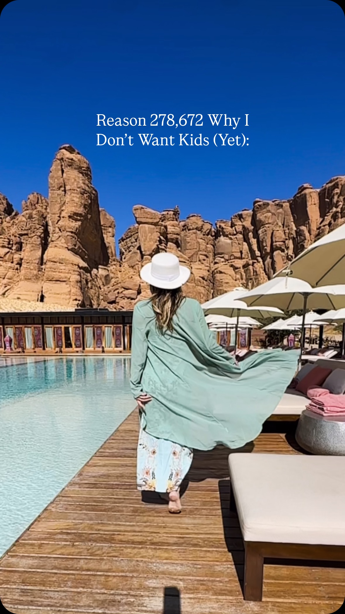 I’m in my mid-30’s and not ashamed to admit that I still don’t know if I want a kid, because my life is so fabulous  as it is. It’s also a bit extreme. Idk if babies can go to around 20 countries per year?

This beautiful hotel in AlUla is like the dream adult playground, with that gorgeous pool, e-bikes, a trampoline park, and adult swings! 

Is it selfish that I want to be the one playing at the playground, or nah?

What is your thoughts on kids and travel these days? How about traveling solo as a woman in Saudi Arabia?

Also drop a “hotel details” comment for the name and pricing info!

#alula #saudiarabia #solofemaletravel #solotravel #mylifesatravelmovie