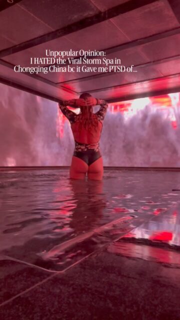 Everyone raves about the viral Storm Spa in Chongqing China being so cool but meanwhile I was on the verge of a panic attack in there feeling like I fell overboard during the Drake Passage 😳

I am still unsure why an extreme storm was chosen for a spa…but I can at least say the beginning where it’s sunny, and the end where there’s randomly northern lights, was nice!

The ROOMS of the hotel where this spa is at are incredible though! They’re the also-viral ones where there’s a huge clear pool in the rooms!

But fun fact.. it’s not a full sized hotel…they only own a few floors of a skyscraper, which is genius bc they can spend less on maxxing out the rooms and still get booked out! 

Oh and the Storm Spa session (30 mins) is included with the room! And the sister hotel includes a photoshoot 🤩

Should I post room tours of them?

All of the information for these viral Chongqing hotels and also Chongqing cyberpunk city in general are on my blog, including the CORRECT links to each hotel (online it’s very confusing bc they all have the same name!)

Also I need to know who would love this and who would hate it, am I the only one?? 😂
