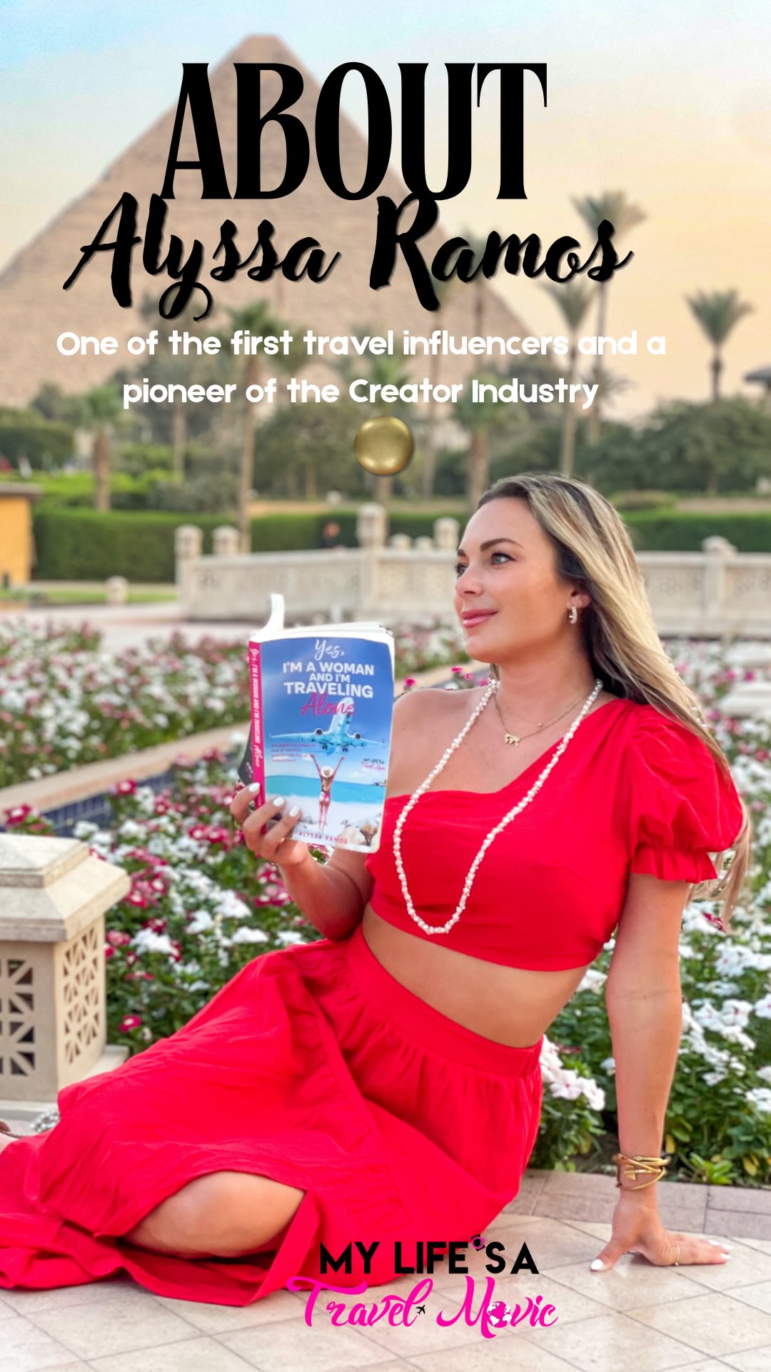 Before the term “influencer” or “content creator” existed, I was one of the original travel bloggers, unknowingly helping pioneer what is now a multibillion dollar Creator Industry.

I helped transform solo female travel from taboo to trendy, and taught thousands of people how to work remotely and build a brand.

I’ve done so much more than just create content, although hardly anyone sees the behind the scenes. And it’s been 14 years that I’ve owned the title of travel bloggers/influencer so…

Allow me to re-introduce myself.

I am Alyssa Ramos, the founder of My Life’s a Travel Movie brand, one of the very first travel “influencers” and one of the pioneers of the creator industry, of normalizing solo female travel today, of influencer-hosted group trips, and of getting paid to travel via social media!

I started my blog in 2012, then started using social media to promote it in 2014, earning me the title of “influencer”but what was never fully seen was the entrepreneur behind it who helped create an entire new industry with no money and when hardly anyone believed it would work.

Soon after I became one of the first travel blogger/influencers to make a full time living from it, I was asked to speak at conferences, interviewed in the press, and I was one of the very first people to make the courses about how it’s done (they didn’t exist when I started!)

I had a big dream to get paid to travel the world, and to normalize solo female travel, and once I succeeded, I kept going.

Today I am not only a travel influencer, but also a humanitarian, animal activist, a trailblazer, an author, speaker, writer, entrepreneur and…one of the most experienced solo female travelers in the world.

So far I’ve been to over 150 countries (off the 197 list), all 7 continents (Antarctica 4x), and I average 20 countries per year.

Now I’m going bigger. I’m launching a travel show, more speaker events, writing another book, and I’ve started the Travel Tribe Foundation to give back through my group trips.

Thank you everyone who has been here with me for so long, and welcome to anyone new!

To follow along with my updates, please comment “travel