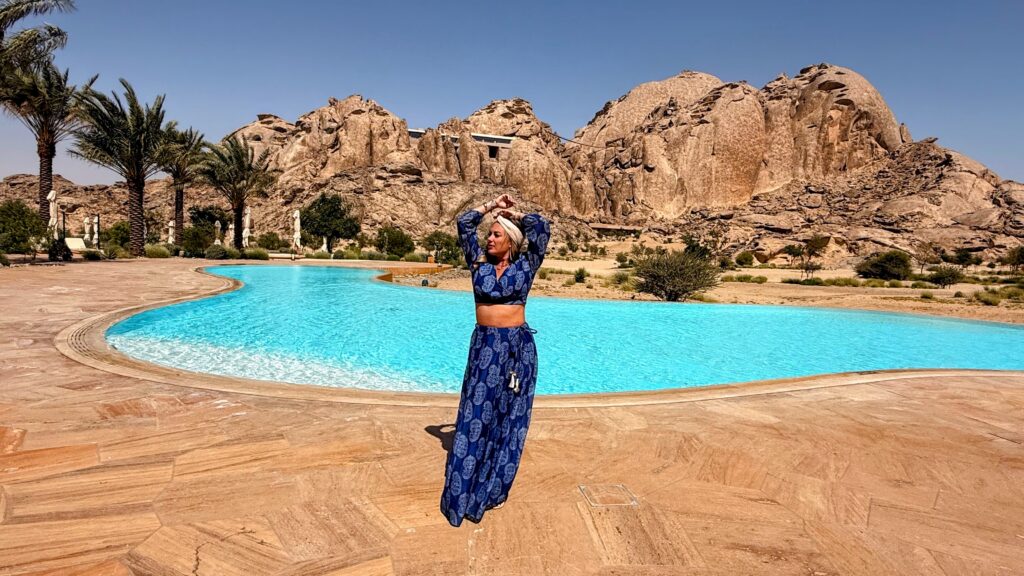 Travel Blogger Alyssa Ramos @mylifesatravelmovie at Desert Rock Resort by the Red Sea Project in Saudi Arabia