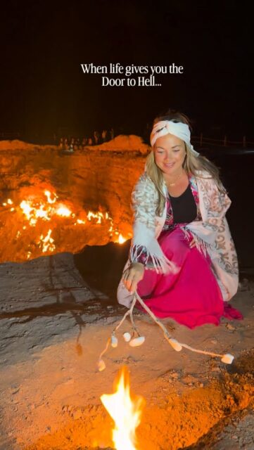 When life brings you to the Door to HɛIl, roast some marshmallows, throw a dance party with friends, strap your seat belt on tight, and HOLD ON for a wild ride out of there! ...both figuratively and literally.

This is the famous Darvaza Gas Crater in Turkmenkstan, Aka the "Door to Hɛll". I went here solo last year and then recently brought my Travel Tribe which was waayyyyyy more fun...perhaps too much fun!!

First of all, I've never seen people enjoy that minivan Mario Kart race through the barren desert before 😂 or thought anyone would be down for Turkmen beer roadies. 

Then the looks on all of their faces when we drove up to the gas crater at night made the journey not only worth it but priceless!

We then proceeded to have an aggressive game of UNO (a must on our adventures), too much Turkmen wine (that's similar to port) and a very uncomfortable sleepover in yurts with "Chanel" and "Versace" bedding. IYKYK.

Also, can't believe I found marshmallows there, or that one of the guides just lit a hole on fire to roast them, but the smell of gas was very unappetizing so they were not consumed (by me).

FYI everyone is still saying the Darvaza Crater will be extinguished soon so the gov can capture the gas to sell, so go see it while you can, if you're up for a truly wild adventure!!

More wild and weird stories from our 5 Stans Group Adventure coming soon! 🤪

Is this on your bucketlist??